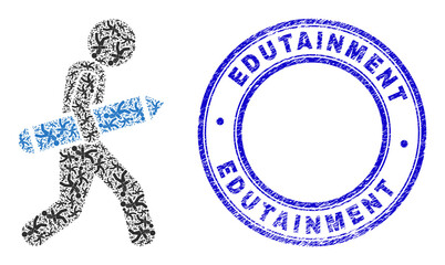 Vector pencil courier icon composition is formed with scattered recursive pencil courier items. Edutainment textured blue round stamp seal. Recursive collage from pencil courier icon.