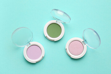 Collection of cosmetic products on color background