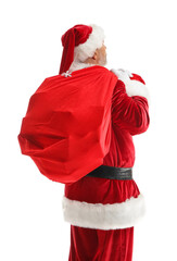 Santa Claus with bag behind his back on white background