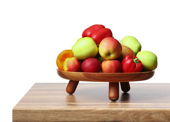 Plate with apples on wooden table top against white background