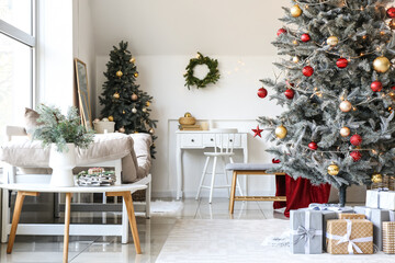 Interior of living room with Christmas trees and gifts