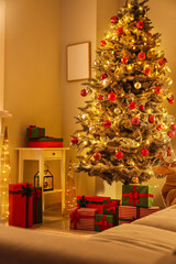 Beautiful Christmas tree with glowing lights and gifts in living room