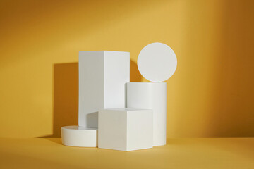 Circle , square white podium ,  in yellow background and blank space for advertising , abstract content , front view