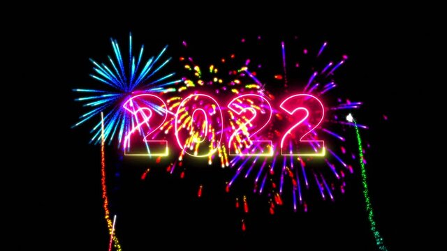 2022 Number animation with colorful celebration firework shiny and explode on the night background. for celebration, party, countdown, new year, Christmas, with dark and grain processed