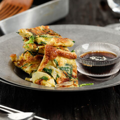 Chives Pancake, Popular as Pajeon Pancake in Korea. Made from Egg, Flour, Onion, and Chives or...