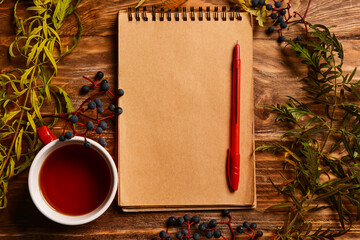Notebook with pen, cup of tea, berries and plant branches on dark wooden background
