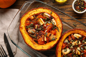 Baking dish with tasty stuffed pumpkins on wooden background, closeup