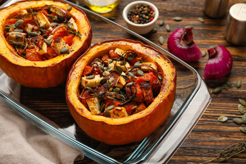 Baking dish with tasty stuffed pumpkins on wooden background, closeup