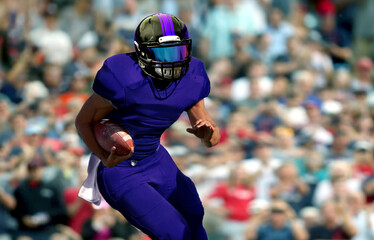 Quarterback running with spectator in background