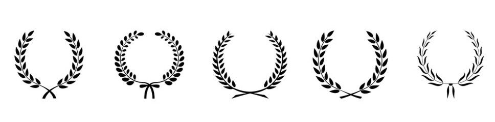 Laurel wreath icon set. Silhouette laurel wreath. Heraldic trophy crest, Medal, Frame, Greek and Roman olive branch award, winner round emblem. Stock vector.