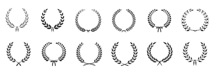Laurel wreath icon set. Silhouette laurel wreath. Heraldic trophy crest, Medal, Frame, Greek and Roman olive branch award, winner round emblem. Stock vector.