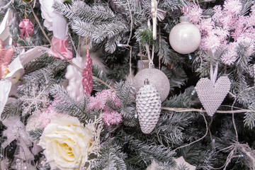 New Year is a beautiful decorated Christmas tree with bright toys. 