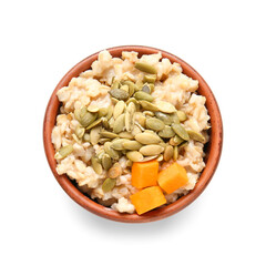 Bowl of tasty oatmeal with pumpkin on white background