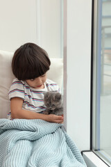 Cute little boy with kitten near window at home. Childhood pet