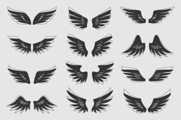 Wing black icon set. Abstract vintage bird feather tribal tattoo. Different shape angel wings silhouette emblem. Modern freedom symbol. Heraldic logo design element. Flight eagle gothic sign concept.