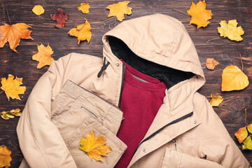 Stylish jacket, sweater, pants and autumn leaves on wooden background © Pixel-Shot