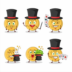 A dalgona candy king Magician cartoon character perform on a stage