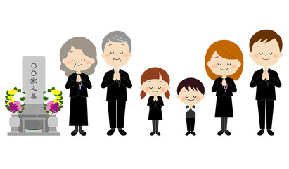 お墓参りをする喪服を着た家族（秋冬）