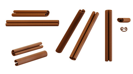Realistic set of cinnamon sticks, 3d render. Flying cinnamon sticks in different angles, isolated on a white background
