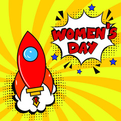 Happy women's day. comic book explosion with text - women's day. 8 march happy women's day, international holiday. Pop art chat wow text box cloud. Greeting sticker label woman's mothers day.