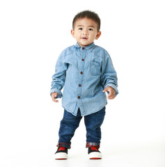 Lovely and handsome little Asian boy on long sleeved shirt for smart outfit standing with confident and sparkling eyes