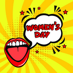 Happy women's day. comic book explosion with text - women's day. 8 march happy women's day, international holiday. Pop art chat wow text box cloud. Greeting sticker label woman's mothers day.