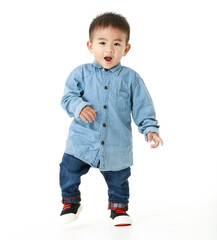 Lovely and handsome little Asian boy on long sleeved shirt for smart outfit standing with confident and sparkling eyes