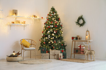 Interior of modern room with Christmas tree, chair and shelf unit