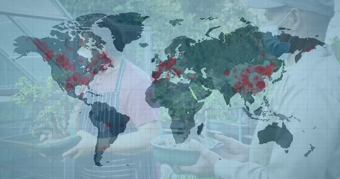 Animation of world map and covid 19 locations over men in garden in face masks