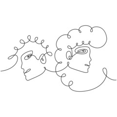 Abstract man and woman by one line vector drawing. Portrait minimalistic style. Continuous single line art. Fashion print.