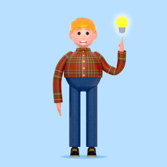 3d render of a man pointing up to idea light bulb. Find solution, creativity, brainstorming concept