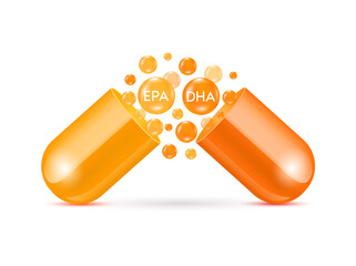 Fish oil vitamin and omega 3 DHA EPA golden orange in capsule supplemental, benefits of pills improving mental, heart, eyes, bones health, lower cholesterol. Medicine Concepts. 3D Realistic Vector. - obrazy, fototapety, plakaty