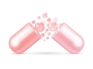 Collagen solution serum and glutathione with capsule solution serum pink. Natural cosmetics lotion for face or body. Hyaluronic acid skin care ad. Beauty and Medicine Concepts. 3D Realistic Vector.