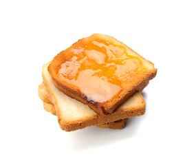 Tasty toast with tangerine jam on white background