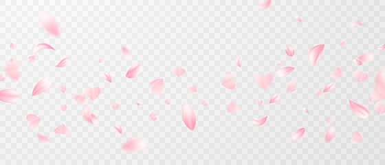 Pink rose petals and pink hearts will fall on abstract floral background with gorgeous rose petal greeting card design. - obrazy, fototapety, plakaty