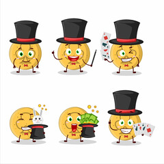 A dalgona candy trefoils Magician cartoon character perform on a stage