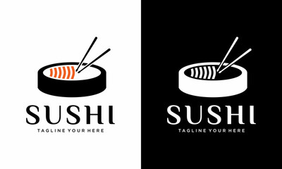Logo Icon Vector Icon Style Illustration Fast Food Bar or Shop, Sushi, Maki, Onigiri Salmon Roll with Chopsticks, Isolated Minimalist Object, on a black and white background.