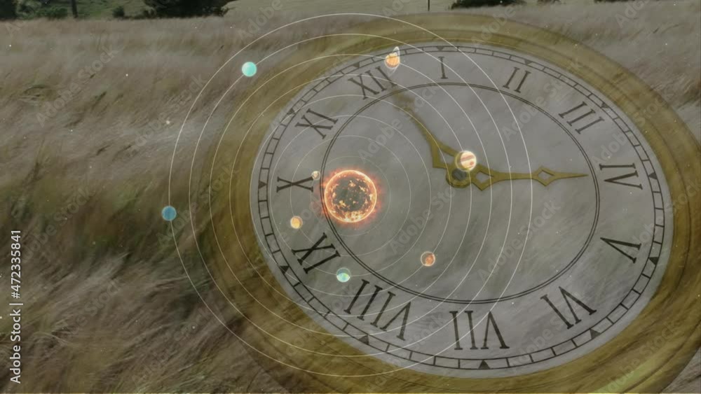 Poster animation of solar system, planets and space over field and clock ticking