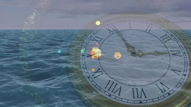 Animation of solar system, planets and space over clock ticking