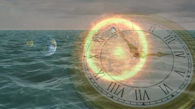 Animation of solar system, planets and space over sea and clock ticking