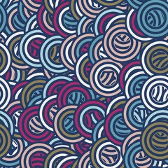 Seamless concentric circle in retro colors dizzy surface pattern design for print. High quality illustration. Psychedelic geo tile of random overlaid dynamic round stripe shaped circles piled up.