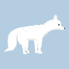 Childrens illustration of polar fox isolated on blue background. Hand-drawn arctic fox in cartoon style.