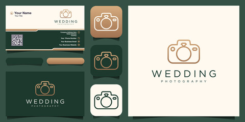 Fototapeta premium wedding photo logo, ring with camera design vector simple elegant modern style.