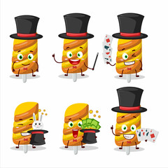 A gummy candy orange Magician cartoon character perform on a stage