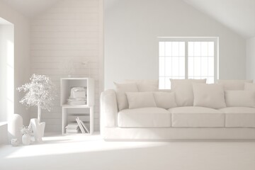 White minimalist living room with sofa. Scandinavian interior design. 3D illustration