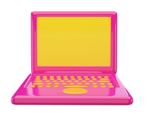 3d open pink color laptop. Rendering illustration of cartoon toy portable computer with yellow monitor and buttons isolated on the white background. Empty space for text. Clear screen. 