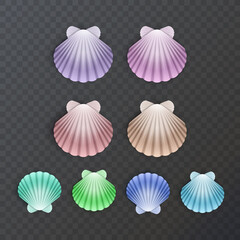 Colorful sea shells silhouettes set on dark background. Vector illustration