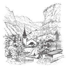 Fototapeta na wymiar Liner sketch of Lauterbrunnen in the canton of Bern in Switzerland, Graphic illustration of the village in the Alpine. Sketch in black color isolated on white background. Hand drawn travel postcard.