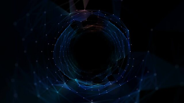 Looping Tunnel lines and dots connection Hi speed internet, transfering data NFT HUD.Titles and logo template.Seamless digital Plexus Tunnel zoom in animation.Looping abstract technology background.