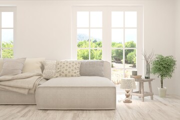 White living room with sofa and summer landscape in window. Scandinavian interior design. 3D illustration